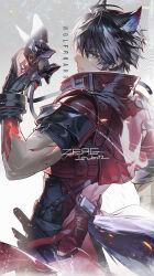  1boy animal_ear_fluff animal_ears arknights arknights:_endfield artist_name black_gloves black_hair closed_mouth combat_knife cowboy_shot dated expressionless from_behind gloves grey_streaks hair_between_eyes hand_up high_collar highres holding holding_mask jacket knife looking_at_viewer male_focus mask multicolored_hair muscular muscular_male profile red_jacket scar scar_on_arm scar_on_cheek scar_on_face sheath sheathed short_hair sidelocks solo streaked_hair tail turning_head unworn_mask v-shaped_eyebrows weapon wolf_boy wolf_ears wolf_mask wolf_tail wulfgard_(arknights) zerg_(z79438659) 