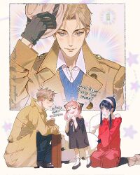  1boy 2girls ahoge anya_(spy_x_family) artist_name bare_shoulders black_bow black_bowtie black_dress black_gloves black_hair black_pants black_pantyhose black_shoes blonde_hair blue_eyes blue_sweater bond_(spy_x_family) boots bow bowtie briefcase brown_boots brown_coat child closed_eyes coat collared_shirt dog dress dress_shoes earrings english_text gloves gold_earrings hair_between_eyes hairband hand_on_own_cheek hand_on_own_face headgear highres husband_and_wife imitating jewelry kneeling lacampanule long_hair medium_hair multiple_girls off-shoulder_dress off_shoulder pants pantyhose parted_bangs parted_lips pink_hair red_dress red_eyes removing_hat shirt shirt_under_sweater shoes short_hair sidelocks smile socks sparkle spy_x_family sweater twilight_(spy_x_family) updo white_hairband white_shirt white_socks yor_briar 