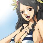  1girl black_hair breasts brown_eyes character_request cleavage female flower freckles hair_flower hair_ornament ishilly jewelry kyo_(pixiv2376063) large_breasts long_hair lowres mermaid monster_girl necklace one_piece sideboob smile solo twintails 