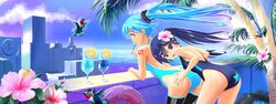  bird black_rock_shooter building candy casual_one-piece_swimsuit clock drink flower food fruit hatsune_miku highres hummingbird kuroi_mato lemon lollipop long_image multiple_girls oceans-art one-piece_swimsuit palm_tree swimsuit thigh-highs thighhighs tree twintails vocaloid wide_image 