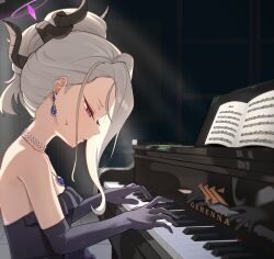  1girl black_halo blue_archive breasts commentary_request demon_girl demon_horns dress earrings elbow_gloves gehenna_academy_logo gloves grand_piano halo highres hina_(blue_archive) hina_(dress)_(blue_archive) horns instrument jewelry long_hair music necklace pendant piano playing_instrument playing_piano purple_dress purple_gloves sitting small_breasts solo sweat toughman upper_body violet_eyes white_hair 