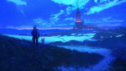  1boy 1other absurdres animal_costume artist_name black_pants blue_sky blue_theme castle commentary english_commentary fantasy from_behind glowing gradient_sky grass headphones highres hood hoodie landscape night original outdoors painterly pants raja_nandepu robot scenery sheep_costume sky star_(sky) starry_sky tower white_hoodie 