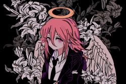  1boy adjusting_clothes adjusting_gloves androgynous angel angel_devil_(chainsaw_man) angel_wings black_background black_gloves black_jacket black_necktie black_suit business_suit chainsaw_man dot_nose feathered_wings flower formal_clothes gloves halo hashtag-only_commentary highres jacket looking_at_viewer male_focus necktie red_eyes red_hair reed_(makuri_reed) solo suit suit_jacket traditional_halo white_flower white_wings wings 