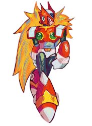  1boy android armor blonde_hair chest_jewel chipichipi01 commentary forehead_jewel full_body helmet highres long_hair mega_man_(series) mega_man_x_(series) red_armor red_helmet simple_background solo untranslatable_commentary white_background zero_(mega_man) 