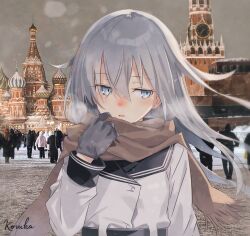  1girl absurdres artist_name black_sailor_collar blue_eyes blush brown_scarf cold commentary english_commentary gloves grey_gloves grey_hair hair_between_eyes hibiki_(kancolle) highres kantai_collection koshka_pic kremlin long_hair looking_to_the_side moscow nose_blush outdoors photo_background real_world_location russia sailor_collar scarf shirt solo upper_body verniy_(kancolle) white_shirt wind 