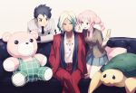  braid brother_and_sister brown_hair cellphone couch gouenji_shuuya gouenji_yuuka inazuma_eleven inazuma_eleven_(series) inazuma_eleven_go kokutouwo long_hair necktie phone pink_hair school_uniform short_hair siblings skirt smile stuffed_animal stuffed_toy teddy_bear turtle twin_braids utsunomiya_toramaru 