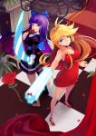  bare_shoulders barefoot blonde_hair blue_eyes bow breasts candy cleavage dress earrings gun hair_bow highres jewelry light_smile lollipop long_hair looking_at_viewer multiple_girls panty_&amp;_stocking_with_garterbelt panty_(psg) petals purple_hair red_dress single_shoe stocking_(psg) sword weapon zqf 