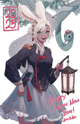  1girl 2025 animal_ears artist_name blue_eyes branch byuub chinese_new_year commentary_request dress english_text final_fantasy final_fantasy_xiv hair_ornament happy_new_year hat holding holding_lantern lantern open_mouth short_hair signature simple_background smile snake solo tree viera white_background white_hair 