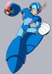  1boy arm_cannon armor blue_armor blue_helmet clenched_hand forehead_jewel full_body green_eyes grey_background helmet highres male_focus mega_man_(series) mega_man_x_(series) simple_background strike_sketch weapon x_(mega_man) 
