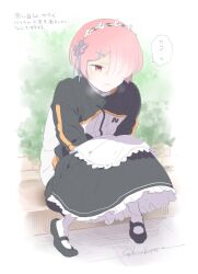  1girl alternate_costume angry apron black_shoes blue_ribbon blush borrowed_clothes breath clenched_teeth cold commentary_request cosplay dress dress_shoes frilled_apron frilled_dress frills hair_ornament hair_over_one_eye hair_ribbon headband maid maid_apron maid_headdress natsuki_subaru natsuki_subaru_(cosplay) oversized_clothes oversized_shirt pink_eyes pink_hair ram_(re:zero) re:zero_kara_hajimeru_isekai_seikatsu ribbon roswaal_mansion_maid_uniform shaking shirt shoes short_hair sitting solo teeth thigh-highs track_suit translation_request trembling tukemono6 visible_air white_apron x_hair_ornament 