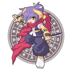  1girl androgynous arm_guards black_pants full_body hair_over_one_eye holding holding_knife horns knife motoyui ninja pants ponytail purple_hair red_scarf sash scarf shinrabanshou shippu_no_izayoi shoes short_ponytail solo white_shoes yellow_sash yuichirou 