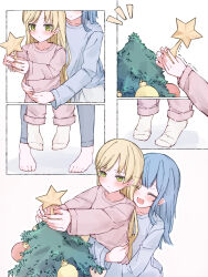  2girls barefoot blonde_hair blue_hair blush christmas christmas_ornaments christmas_tree commentary_request feet hair_down highres hug lifting_person long_hair mahou_shoujo_no_majo_saiban missing_headwear multiple_girls nekobanana_(m23453456) no_shoes socks tachibana_sherry toes tono_hanna white_socks yuri 
