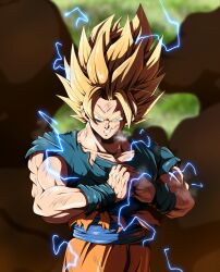  1boy blue_sash blue_shirt blue_wrist_cuffs clenched_teeth commentary_request cowboy_shot coyote_koyoharu dragon_ball dragon_ball_super dragon_ball_z electricity highres medium_hair muscular muscular_male orange_pants pants sash shirt solo son_goku spiky_hair super_saiyan super_saiyan_2 teeth torn_clothes torn_shirt wrist_cuffs 