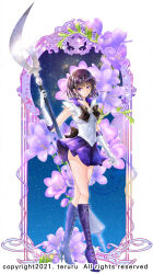  1girl bishoujo_senshi_sailor_moon black_hair blunt_bangs blunt_ends boots brooch choker circlet commentary_request earrings elbow_gloves flower gloves high_heel_boots high_heels highres jewelry looking_at_viewer lunaargent miniskirt outer_senshi purple_boots purple_sailor_collar purple_skirt sailor_collar sailor_saturn sailor_senshi_uniform short_hair silence_glaive skirt solo star_(symbol) star_brooch star_choker tomoe_hotaru violet_eyes white_gloves 
