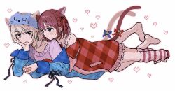  2girls animal_ears barefoot blue_cardigan blue_eyes blue_headband cardigan cat_day cat_ears cat_girl cat_tail cho_nekura commentary girls_band_cry grey_eyes grey_hair headband heart highres holding_hands iseri_nina kawaragi_momoka kemonomimi_mode long_hair lying lying_on_person medium_hair multiple_girls on_stomach pink_socks purple_shirt red_cardigan red_hair shirt simple_background socks striped_clothes striped_socks tail untranslatable_commentary white_background yuri 