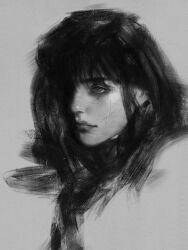  1girl artformity black_hair chainsaw_man closed_mouth cropped_head english_commentary grey_background greyscale highres lips monochrome multiple_scars portrait realistic ringed_eyes scar scar_on_face simple_background solo yoru_(chainsaw_man) 