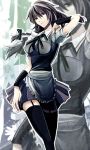  apron black_legwear blush braid breasts dress garter_straps grey_eyes ito_mijinko izayoi_sakuya long_hair maid silver_hair smile solo standing thigh-highs thighhighs touhou twin_braids zoom_layer 