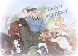  1girl 2boys animal animal_hood beard_stubble belt black_gloves black_hair black_pants blonde_hair blue_shirt boots brown_belt brown_boots cait_sith_(final_fantasy) cape capelet cat_day cid_highwind cloak closed_eyes commentary_request crown dated dirge_of_cerberus:_final_fantasy_vii dog_tags facial_hair facial_mark final_fantasy final_fantasy_vii fire flame-tipped_tail gloves goggles goggles_around_neck green_pants grin hair_between_eyes happy_birthday head_wreath headband highres holster hood hood_up hooded_capelet lap_pillow long_hair mini_crown moogle msa_mne multiple_boys pants red_cape red_cloak red_headband red_xiii shirt short_hair smile stubble tail thigh-highs thigh_holster torn_cloak torn_clothes tuxedo_cat vincent_valentine white_gloves white_thighhighs yuffie_kisaragi 