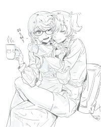  2girls :3 absurdres arm_around_neck bandaid bandaid_on_arm chinese_commentary closed_eyes closed_mouth coffee_mug commentary_request cup cushion daiba_nana glasses greyscale highres holding holding_cup hoshimi_junna hug hug_from_behind lineart long_sleeves monochrome mug multiple_girls one_eye_closed open_mouth qngtidey132830 short_hair shorts shoujo_kageki_revue_starlight sitting smile translation_request two_side_up yuri 