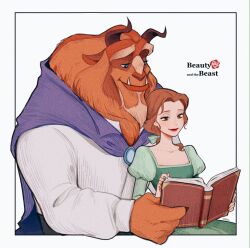  1girl beast_(disney) beauty_and_the_beast_(disney) belle_(disney) book brown_eyes brown_hair dress furry furry_with_non-furry highres holding interspecies lips long_hair looking_at_viewer ponytail short_hair smile tagme toon_(style) yokotn 