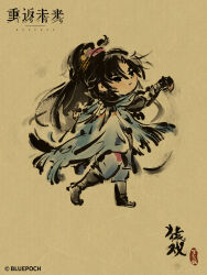  1boy arm_up black_boots blue_cape blue_eyes blue_pants blue_robe boots calligraphy cape cheng_heguang chibi chibi_only chinese_commentary chinese_text closed_mouth commentary_request copyright_name copyright_notice exercising faux_traditional_media from_side full_body highres ink_wash_painting logo long_hair looking_up official_art pants paper_texture ponytail reverse:1999 robe solo yellow_background 