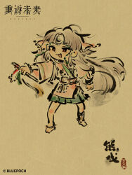  :d anklet barefoot calligraphy chibi chibi_only chinese_commentary chinese_text commentary_request copyright_name copyright_notice exercising fang faux_traditional_media flute full_body green_skirt grey_hair headband highres holding holding_flute holding_instrument ink_wash_painting instrument jewelry legs_apart logo long_hair miniskirt official_alternate_costume official_art open_mouth outstretched_arm paper_texture pink_shirt red_eyes reverse:1999 rubuska shirt skirt smile solo yellow_background 