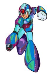  1boy android arm_cannon armor blue_armor blue_helmet chipichipi01 forehead_jewel full_body green_eyes helmet highres male_focus mega_man_(series) mega_man_x_(series) simple_background solo weapon white_background x_(mega_man) 