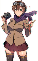  1girl black_thighhighs blue_scarf brown_eyes brown_hair brown_jacket camera chi-hatan_school_uniform commentary cosplay cowboy_shot em_(totsuzen_no_hakike) fringe_trim girls_und_panzer goggles goggles_on_head grin holding holding_camera index_finger_raised jacket katou_keiko long_sleeves looking_at_viewer miniskirt notice_lines pleated_skirt red_skirt scarf school_uniform short_hair single-lens_reflex_camera single_horizontal_stripe skirt smile solo standing thigh-highs witches_of_africa world_witches_series 