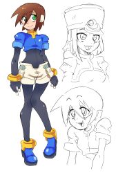  2girls absurdres aile_(mega_man_zx) black_bodysuit blue_jacket bodysuit bodysuit_under_clothes brown_hair cropped_jacket full_body green_eyes harley3up highres jacket mega_man_(series) mega_man_zx multiple_girls prairie_(mega_man) robot_ears short_hair shorts solo_focus white_shorts 
