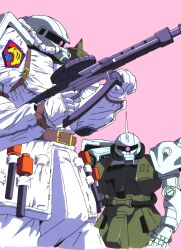  character_request commentary_request dokite_tsukasa gun gundam gundam_gihren_no_yabou holding holding_gun holding_weapon mecha mobile_suit no_humans official_art one-eyed robot science_fiction shoulder_spikes spikes standing weapon zaku_ii 