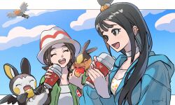  2girls berry_(pokemon) black_hair blue_jacket brown_eyes brown_hair choker closed_mouth clouds commentary_request cube_hair_ornament cup disposable_coffee_cup disposable_cup emolga fletchling green_jacket grepa_berry hair_ornament harmony_(pokemon) highres holding jacket leppa_berry lida_(pokemon) long_hair multiple_girls open_mouth pokemon pokemon_(creature) pokemon_legends:_z-a short_hair smile sub_prnk tepig 