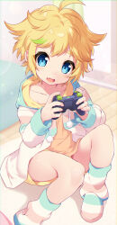  1boy :d ahoge blonde_hair blue_eyes blue_socks blush collarbone commentary_request controller dot_nose drawstring ensemble_stars! fang foot_out_of_frame game_controller harukawa_sora highres holding holding_controller holding_game_controller hood hood_down hoodie jacket long_sleeves looking_at_viewer male_focus msp_sammy open_clothes open_jacket open_mouth pink_socks shorts sitting skin_fang smile socks solo striped_clothes striped_socks white_jacket white_socks yellow_hoodie yellow_shorts 