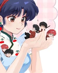  ! !! >_< 1boy 2girls @_@ black_hair blue_eyes blue_hair braid brown_eyes cherry_print chibi closed_mouth food_print fruit_print hairband highres hn_wee holding holding_mini_person mini_person miniboy minigirl multiple_girls ranma-chan ranma_1/2 red_hair red_hairband saotome_ranma single_braid smile tendou_akane 