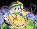  blue_rose bow embellished_costume flower frilled_skirt frilled_sleeves frills green_eyes green_hair hand_on_hat hat hat_bow heart heart_of_string komeiji_koishi open_mouth outstretched_hand rontarou rose skirt solo third_eye touhou 