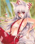  bare_shoulders blush bow breasts cleavage erect_nipples fang fujiwara_no_mokou hair_bow kemonomimi_mode large_breasts long_hair no_shirt red_eyes ryumaira sarashi shikishi silver_hair solo suspenders tail touhou traditional_media very_long_hair 