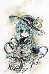  1girl black_hat bow buttons collared_shirt commentary_request diamond_button eyeball frilled_shirt_collar frills green_eyes green_hair hat hat_bow ikeda_ruriko komeiji_koishi long_sleeves looking_at_viewer medium_hair open_mouth shirt smile solo third_eye touhou traditional_media yellow_bow yellow_shirt 