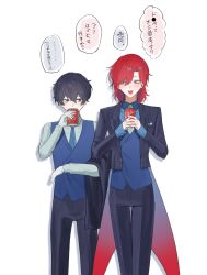  2boys :d absurdres black_coat black_hair black_pants blue_eyes blue_necktie blue_shirt blue_vest butler can coat collared_shirt commentary_request dr_pepper dress_shirt drinking highres holding holding_can hyoutenka_30-do_no_zetsubou kuchinashi_dabi looking_at_another male_focus medium_hair multiple_boys necktie pants red_hair shirt short_hair simple_background smile standing tailcoat tonimura_yui translation_request vest white_background xmaid_sunx 