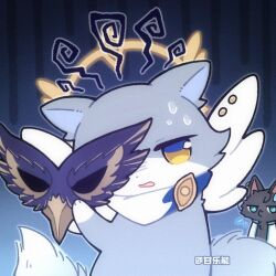  2boys animal_ears animalization bird_mask cat dan_heng_(honkai:_star_rail) ganleneng halo halo_behind_head hashtag-only_commentary holding holding_mask honkai:_star_rail honkai_(series) mask multiple_boys sunday_(honkai:_star_rail) supplicant_mask 