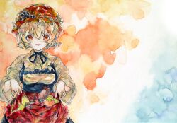  1girl aki_minoriko apron apron_basket black_ribbon black_skirt breasts choker commentary_request food food_request fruit hat ikeda_ruriko large_breasts long_sleeves looking_at_viewer mob_cap open_mouth orange_eyes orange_hat pear persimmon red_apron ribbon ribbon_choker shirt short_hair skirt smile solo sweet_potato touhou traditional_media wide_sleeves yellow_shirt 