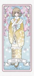  1girl blonde_hair blue_background brown_eyes card_(medium) cherry_blossoms closed_mouth commentary_request double-parted_bangs english_text floral_print floral_print_kimono flower flower_knot full_body hair_flower hair_ornament helios1862851 highres holding holding_pouch japanese_clothes kimono looking_at_viewer okobo origami pink_flower platform_sandals pouch print_kimono sandals smile solo tabi tarot tarot_(medium) the_star_(tarot) watashi_wo_tabetai_hitodenashi yaotose_hinako yellow_kimono 