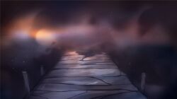  arrapso bridge broken_bridge fog highres lake lake_of_voices light_particles morning no_humans non-web_source outdoors scenery self-datamine sunrise variant_set 