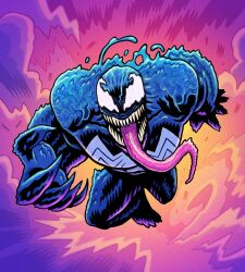  1boy abstract_background animal_print bodysuit dan_hipp dust_cloud dynamic_pose game_cg jumping lightning_bolt_symbol long_tongue male_focus marvel monster_boy muscular muscular_male official_art parasite sharp_teeth slime_boy solo spider-man_(series) spider_print spider_web_print superhero_costume symbiote teeth tongue tongue_out toon_(style) venom_(marvel) very_long_tongue 