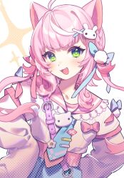  1girl :d ahoge animal_ears blue_necktie blue_skirt cat_ears cat_girl commentary_request cowboy_shot fang frilled_sailor_collar frills green_eyes hair_ornament highres ikesawa_99 long_hair long_sleeves looking_at_viewer multicolored_hair necktie nijisanji open_mouth pink_hair pink_sailor_collar rabbit_hair_ornament sailor_collar skirt sleeves_past_fingers sleeves_past_wrists smile solo sparkle streaked_hair twintails virtual_youtuber x_hair_ornament yang_nari yang_nari_(3rd_costume) 