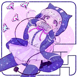  cable controller danganronpa_(series) danganronpa_2:_goodbye_despair game_controller heart holding holding_controller holding_game_controller hood hoodie korozikoro nanami_chiaki non-web_source pink_eyes pink_hair skirt spaceship_hat_ornament 