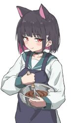  1girl alternate_costume animal_ears apron blue_apron blue_archive blush bowl cat_ears cat_girl chocolate closed_mouth collarbone colored_inner_hair green_sailor_collar hair_ornament hairclip holding holding_bowl holding_whisk kazusa_(blue_archive) long_sleeves looking_at_viewer maruco_bokushi multicolored_hair pink_hair red_eyes sailor_collar shirt short_hair simple_background smile solo two-tone_hair upper_body whisk white_background white_shirt 