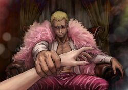  1boy 1girl absurdres armchair blonde_hair chair coat curtains donquixote_doflamingo earrings highres jewelry light_particles mixed-language_commentary oc_x_canon one_piece open_clothes open_shirt original pink_coat pink_nails pov pov_hands sakakin120 shirt short_hair sitting smile sunglasses white_shirt 