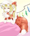  bad_id blonde_hair fangs flandre_scarlet hat long_hair nail_polish red_eyes side_ponytail skirt skirt_set solo somsom steepled_fingers touhou wings wrist_cuffs 
