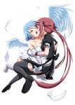  airi arm_grab asymmetrical_wings bare_shoulders black_legwear blue_hair blush bow breasts cleavage closed_eyes dress elbow_gloves eyes_closed feathers forced french_kiss gloves highres kiss long_hair maid maid_headdress multiple_girls nanael queen&#039;s_blade queen's_blade red_eyes red_hair saliva seiki_kyushu shirosame short_hair simple_background tears thigh-highs thighhighs tongue twintails white_legwear white_wings wince wings yuri 