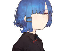  1girl absurdres black_shirt blue_hair bocchi_the_rock! commentary_request hair_ornament hair_over_one_eye highres looking_at_viewer medium_hair portrait shiloroshi shirt simple_background solo yamada_ryo yellow_eyes 