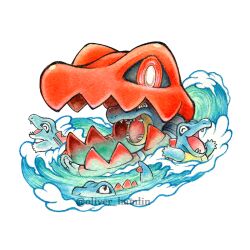  artist_name blue_scales crocodile crocodilian feraligatr mega_feraligatr no_humans oliver_hamlin painting_(medium) pokemon pokemon_(creature) pokemon_legends:_z-a sharp_teeth swimming teeth totodile traditional_media watercolor_(medium) waves white_background 